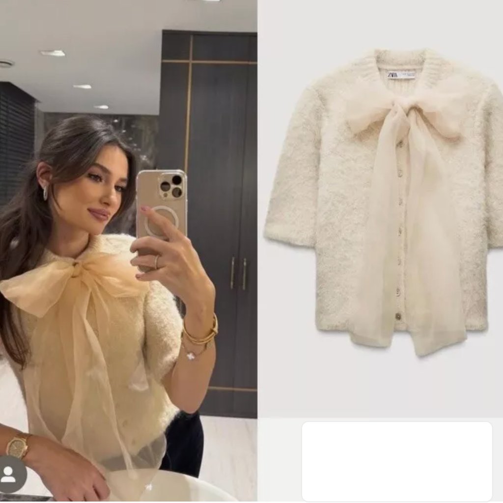 Zara New Woman Organza Bow Knit Sweater Top Ecru Cream M Nwt